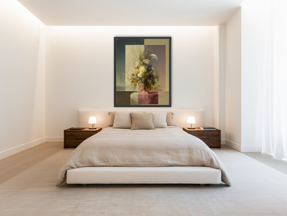 Vase of flowers within panes room view