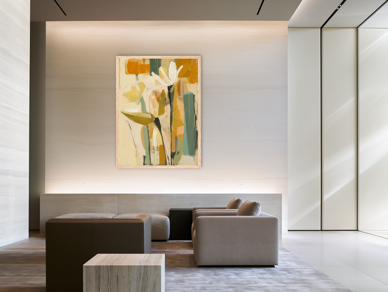 White flower in ochre blocks room view