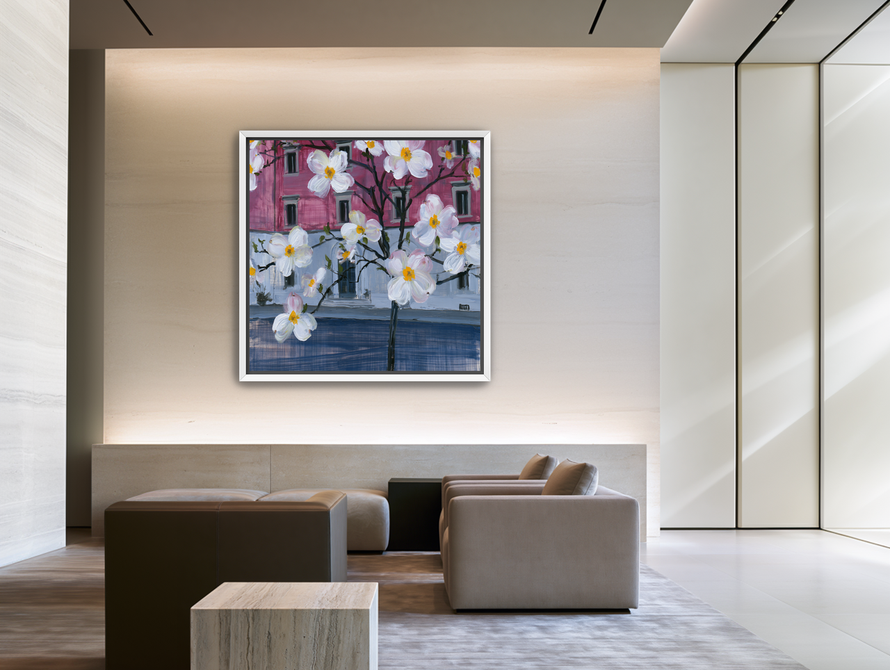 White blossoms over the pink house room view