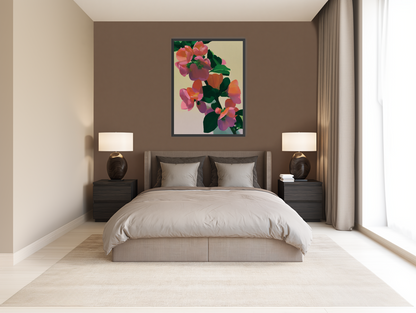 Flowers among dark leaves room view