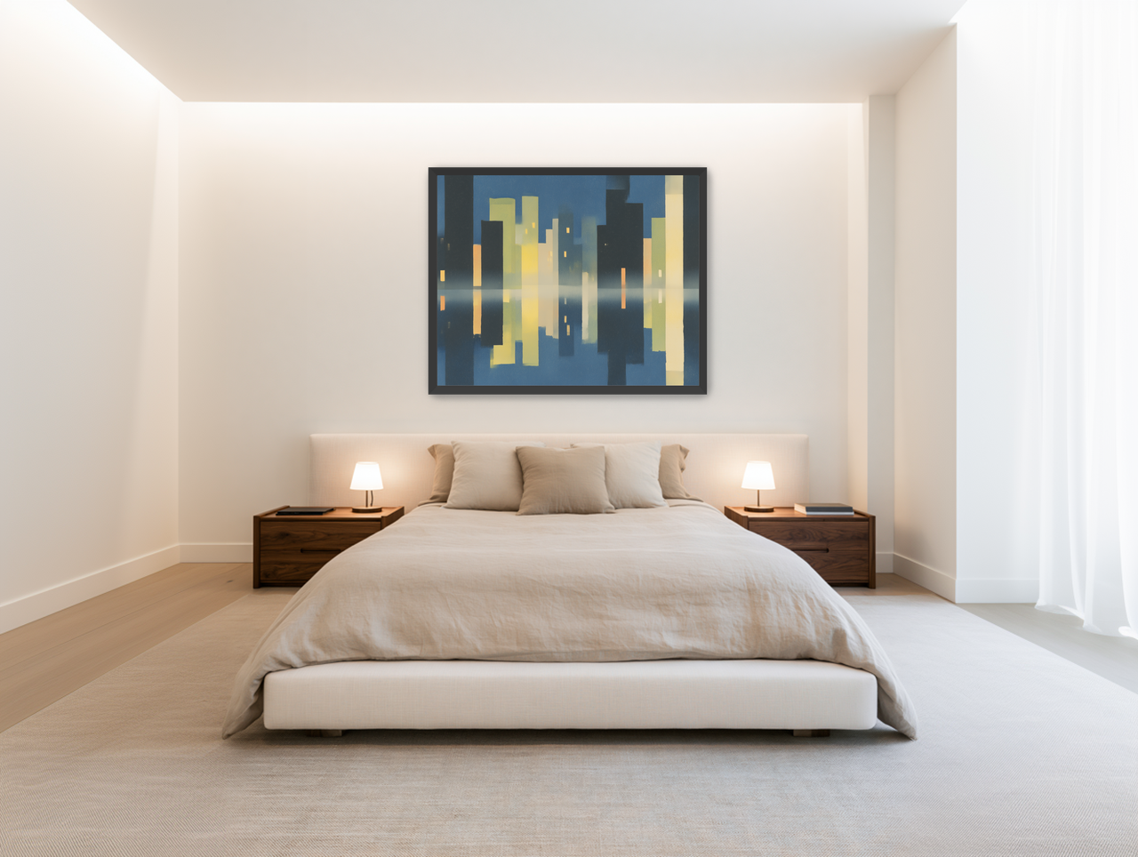 Night towers in still water room view