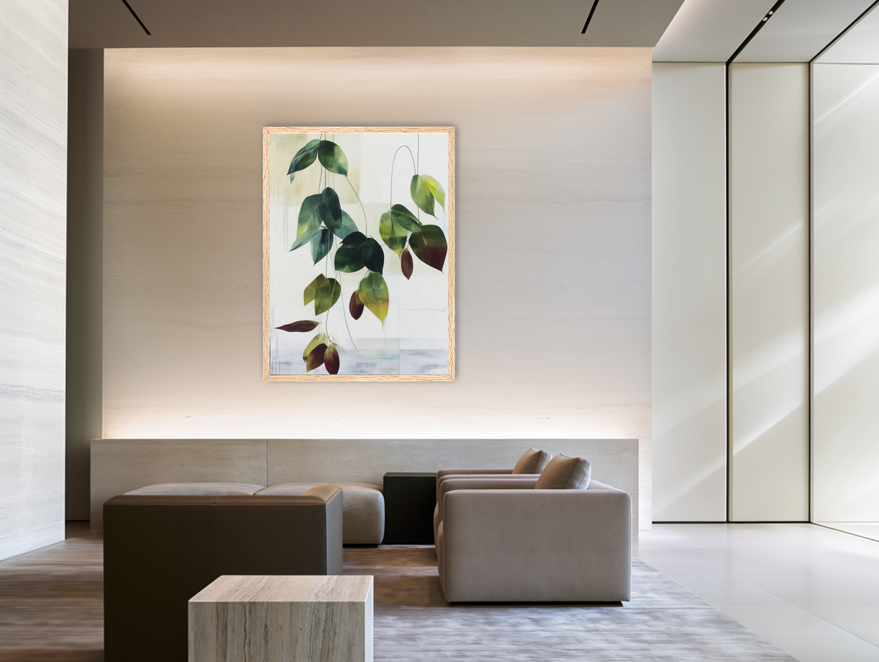 Leaves suspended in quiet air room view