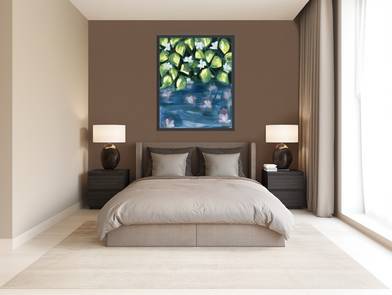 White flowers over blue water room view
