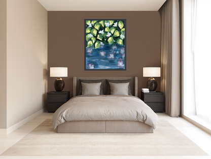 White flowers over blue water room view