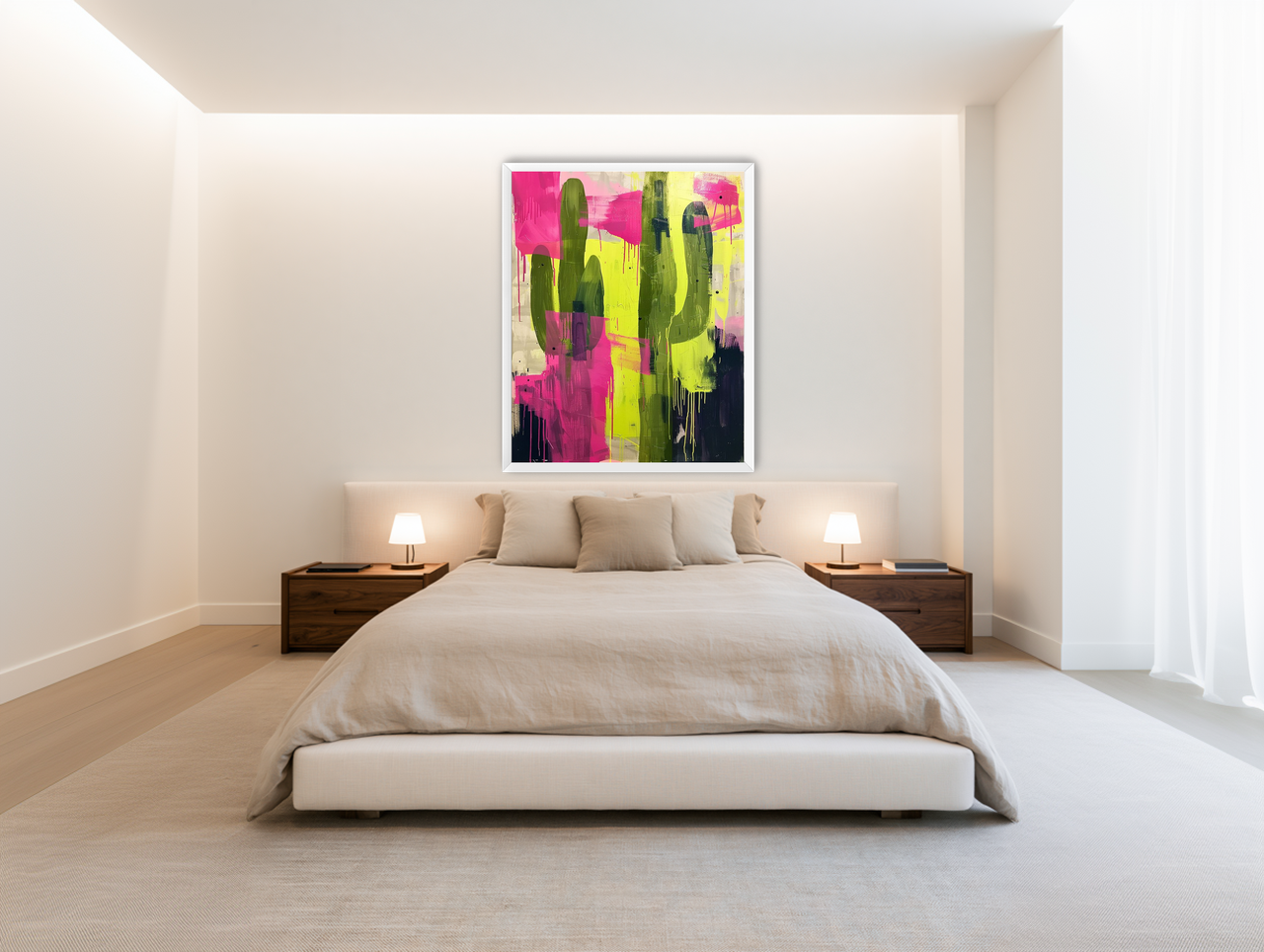 Dark columns within neon wash room view