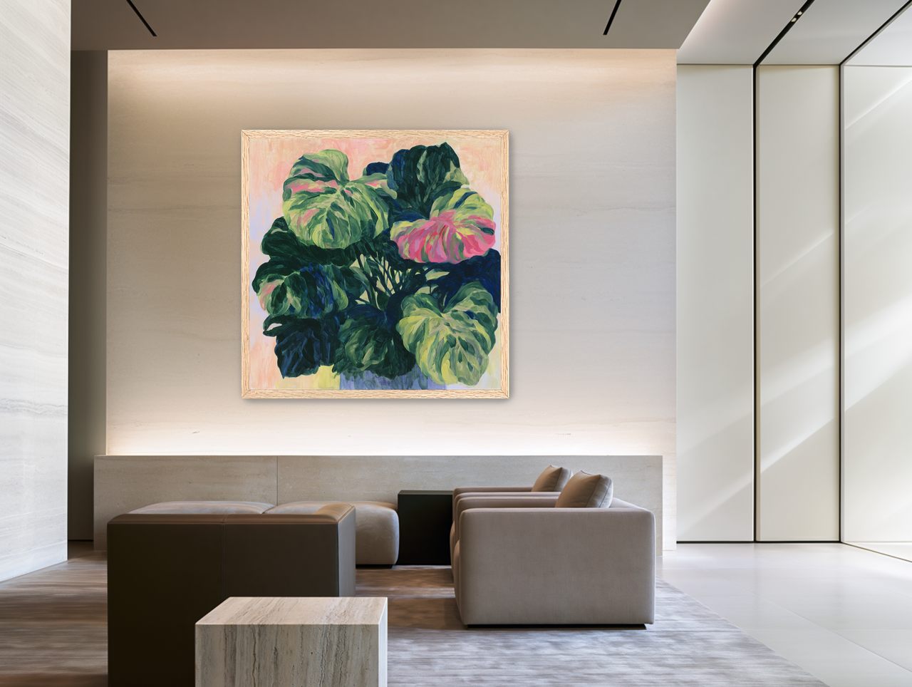 Pink light on green leaves room view