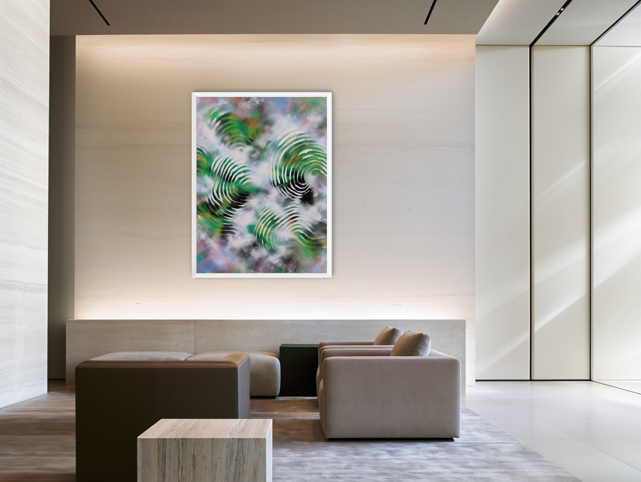White haze over green spirals room view