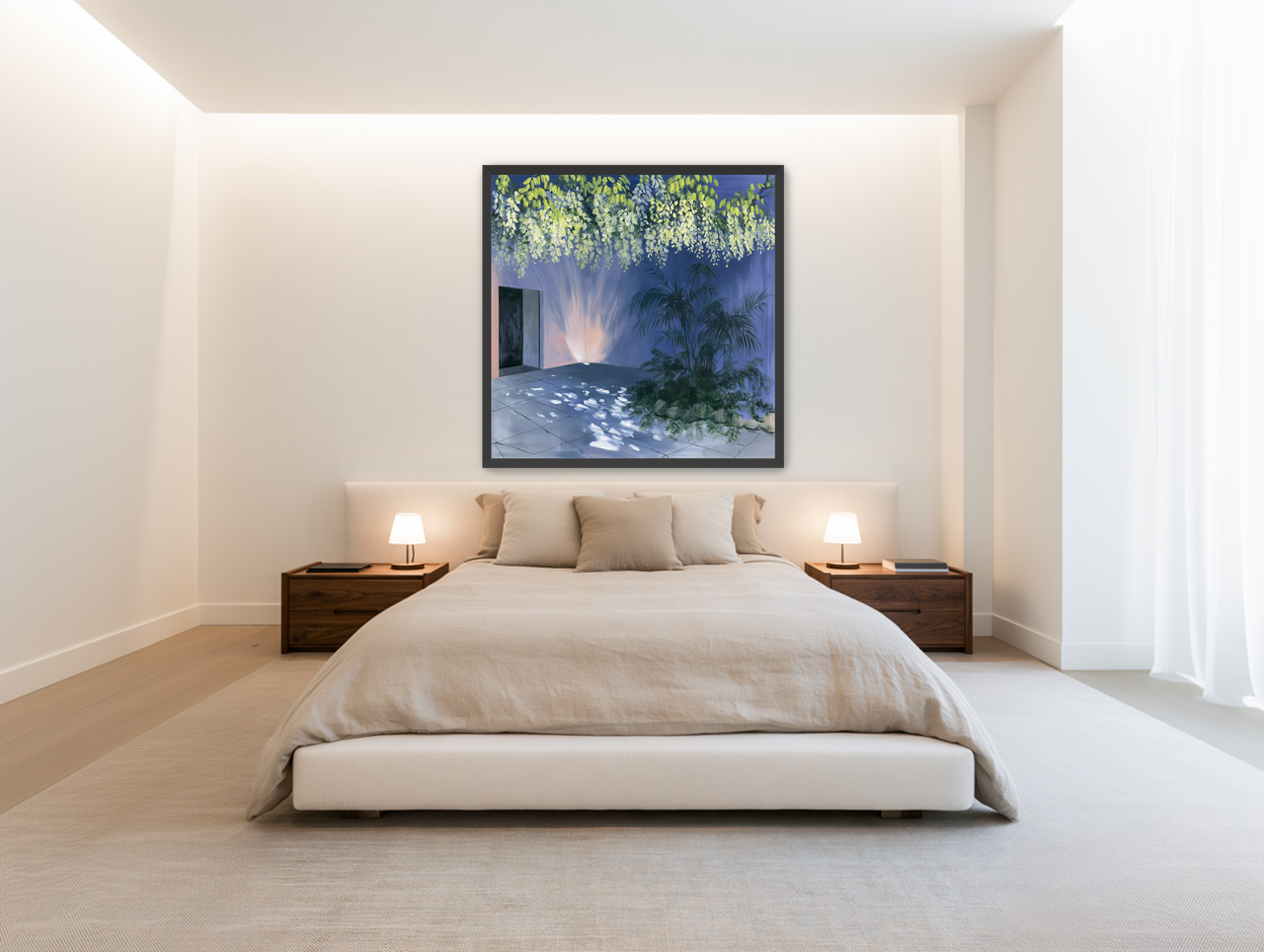 Light beneath hanging blossoms room view