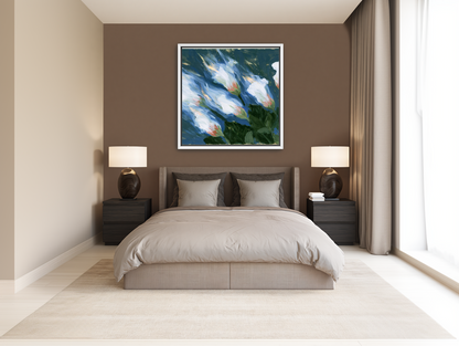 Blue wind through white lilies room view