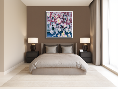 Blossoms across red windows room view