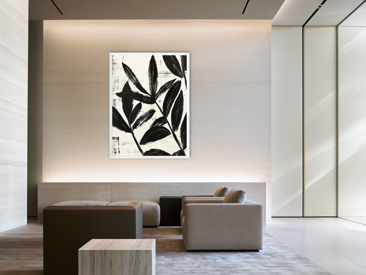 Black leaves on white grain room view