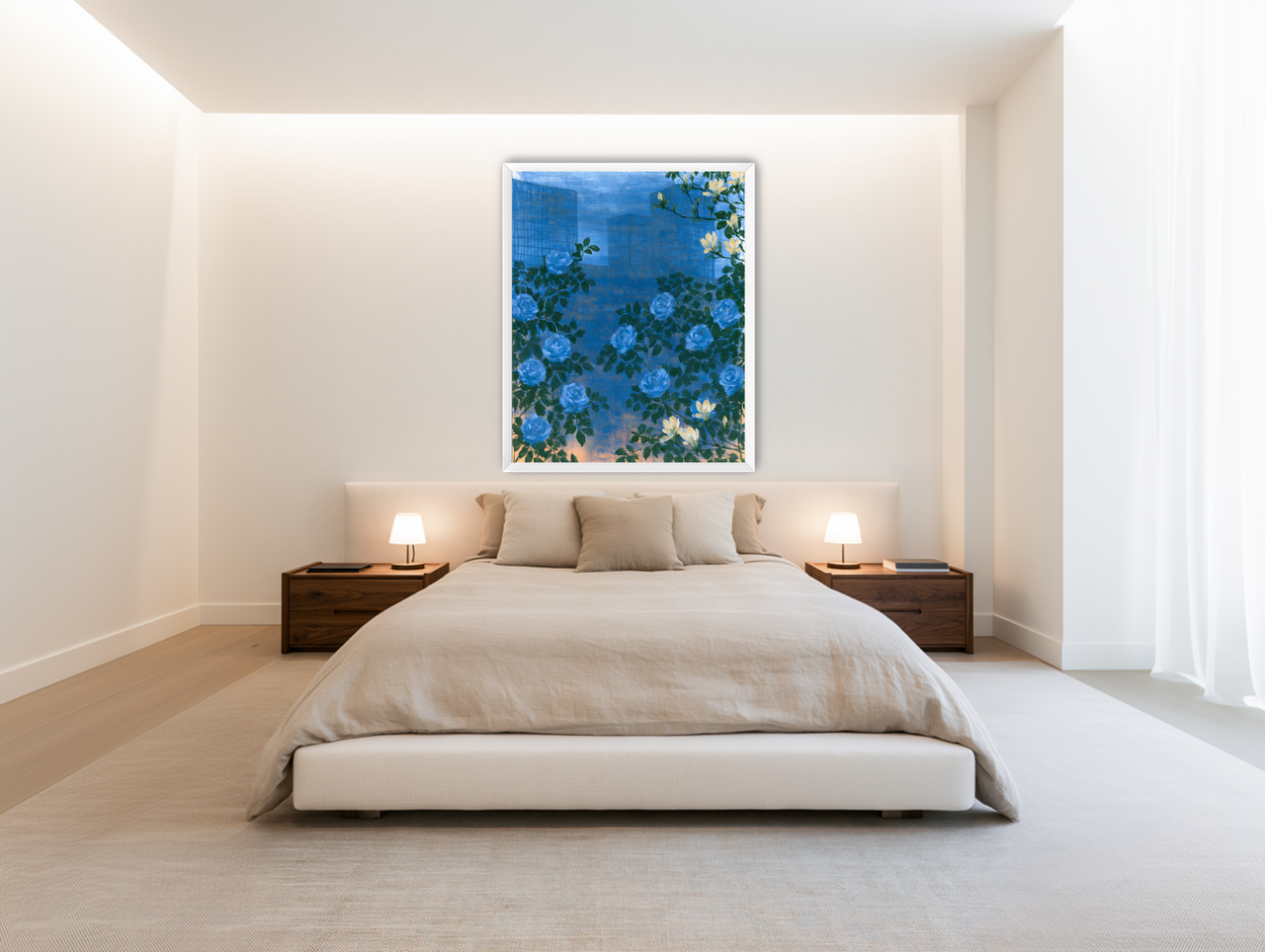 Roses against the blue towers room view