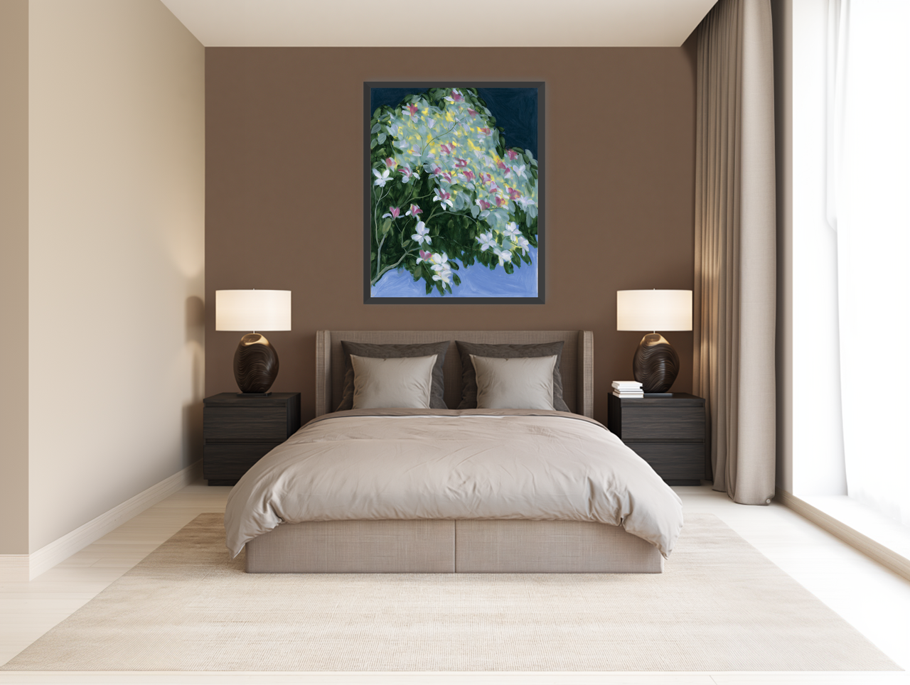 Blossoms across the night sky room view
