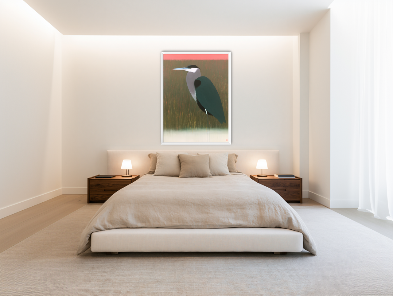 Heron in pink dusk room view