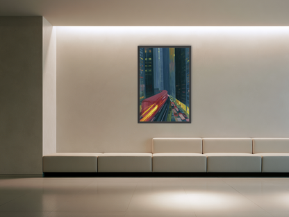 Red train in blue towers room view