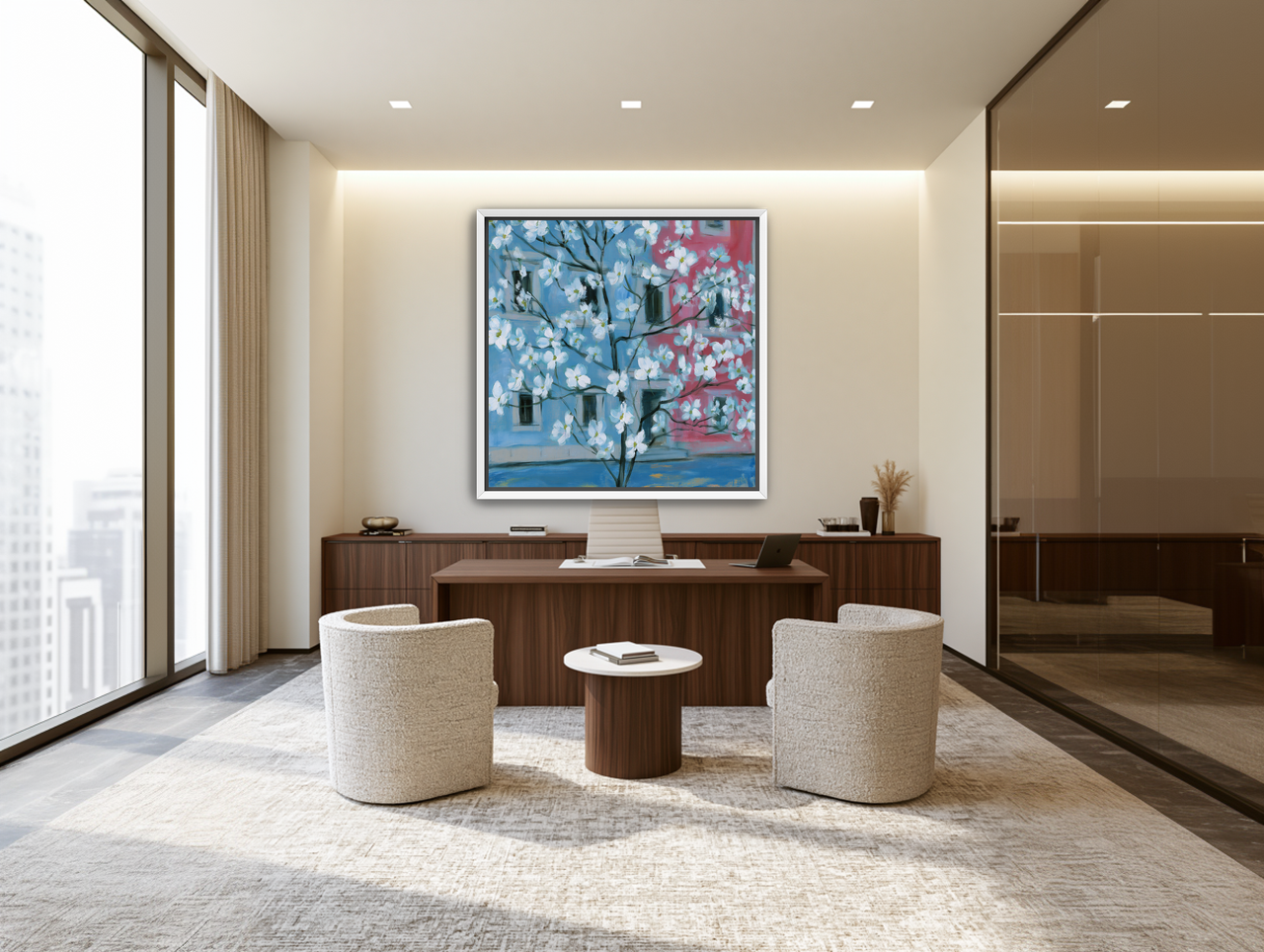 White blossoms across blue and pink room view
