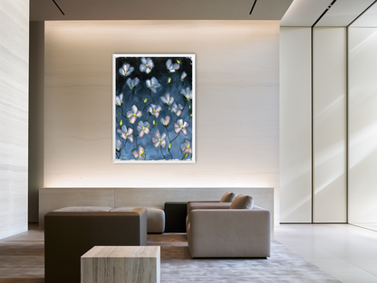 Soft blossoms in blue dusk room view