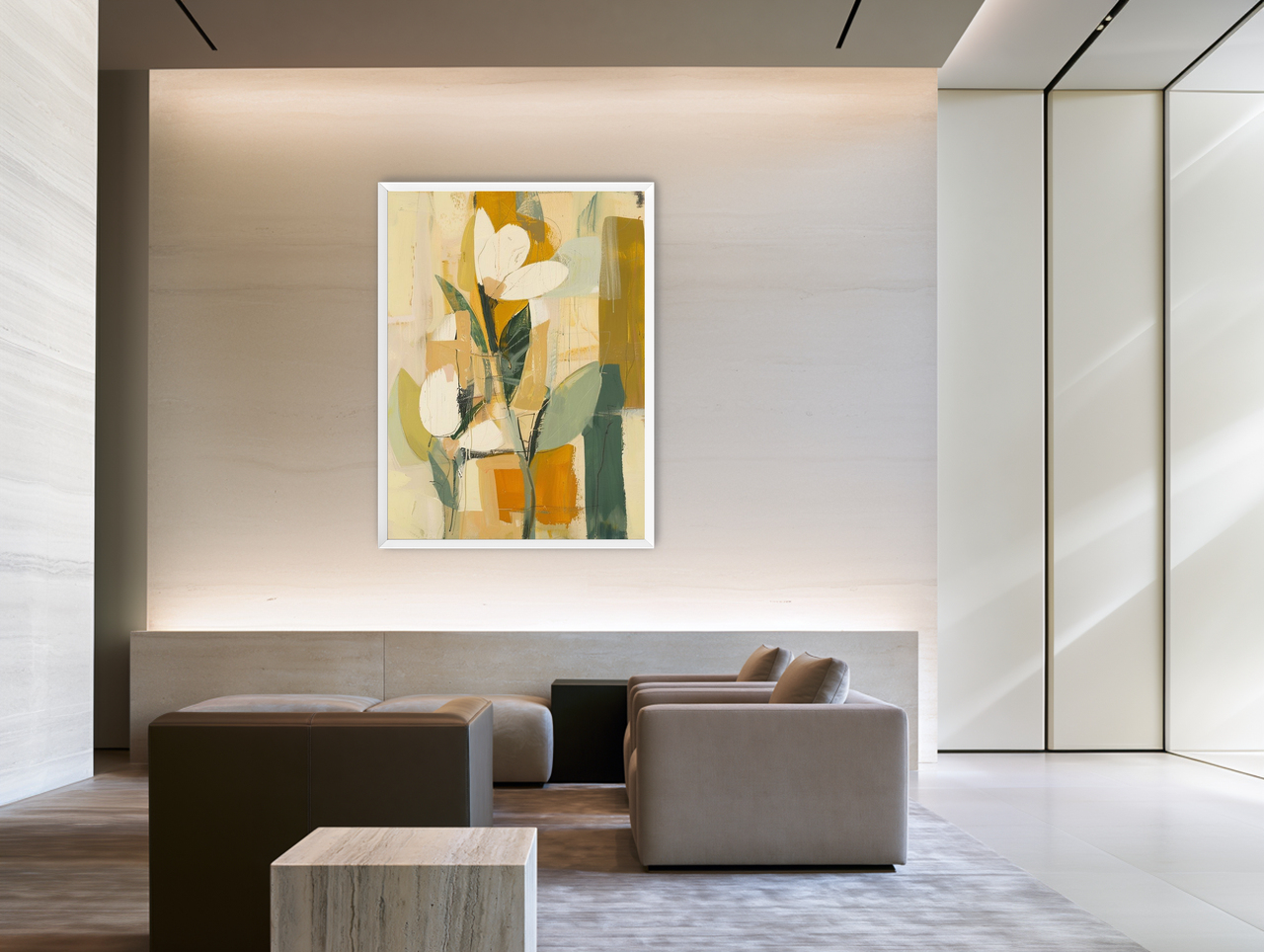 White forms within ochre blocks room view
