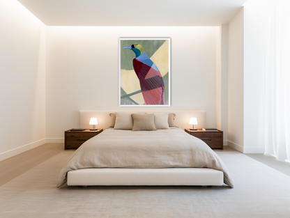 Teal throat on maroon wing room view