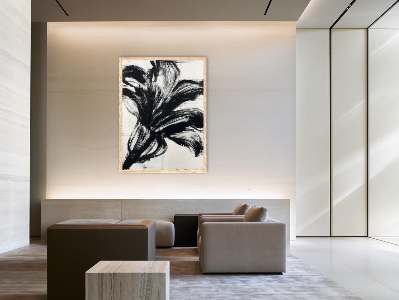 Black surge on white grid room view