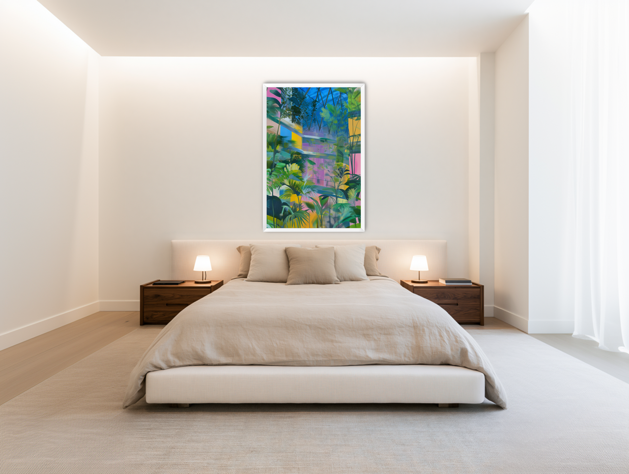 Blue roof over pink atrium room view