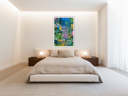 Blue roof over pink atrium room view