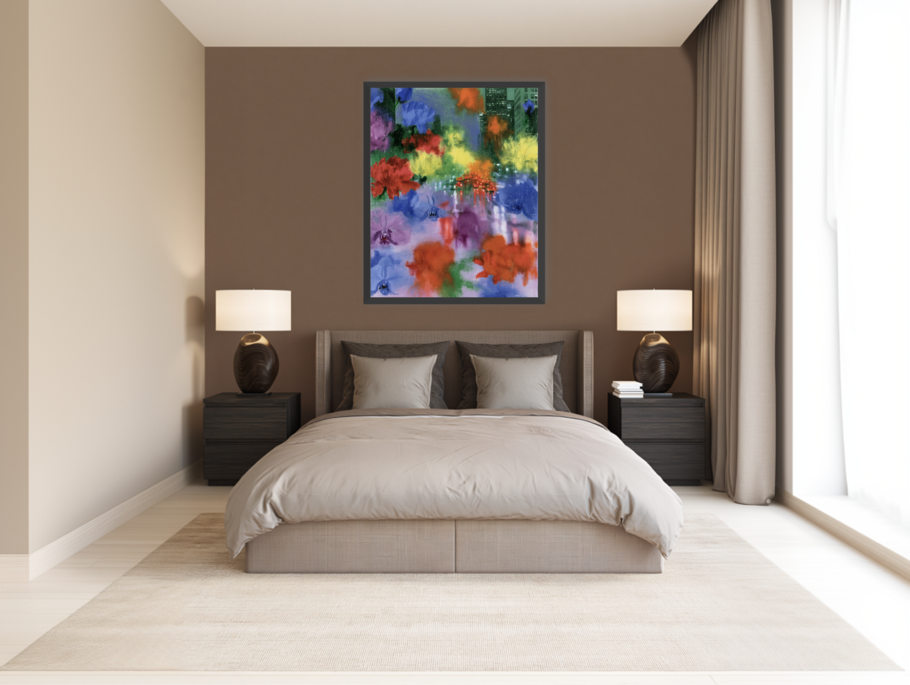 Neon traffic under painted blooms room view