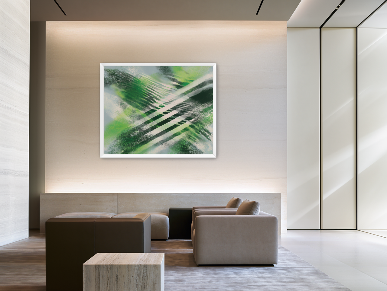 White X across green field room view