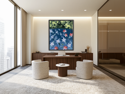 Coral flowers on dark water room view