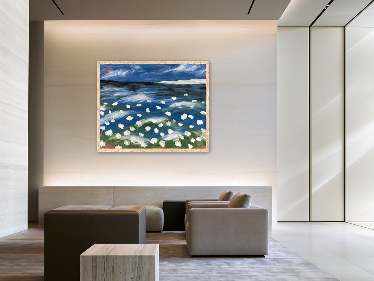 White flowers in blue wind room view