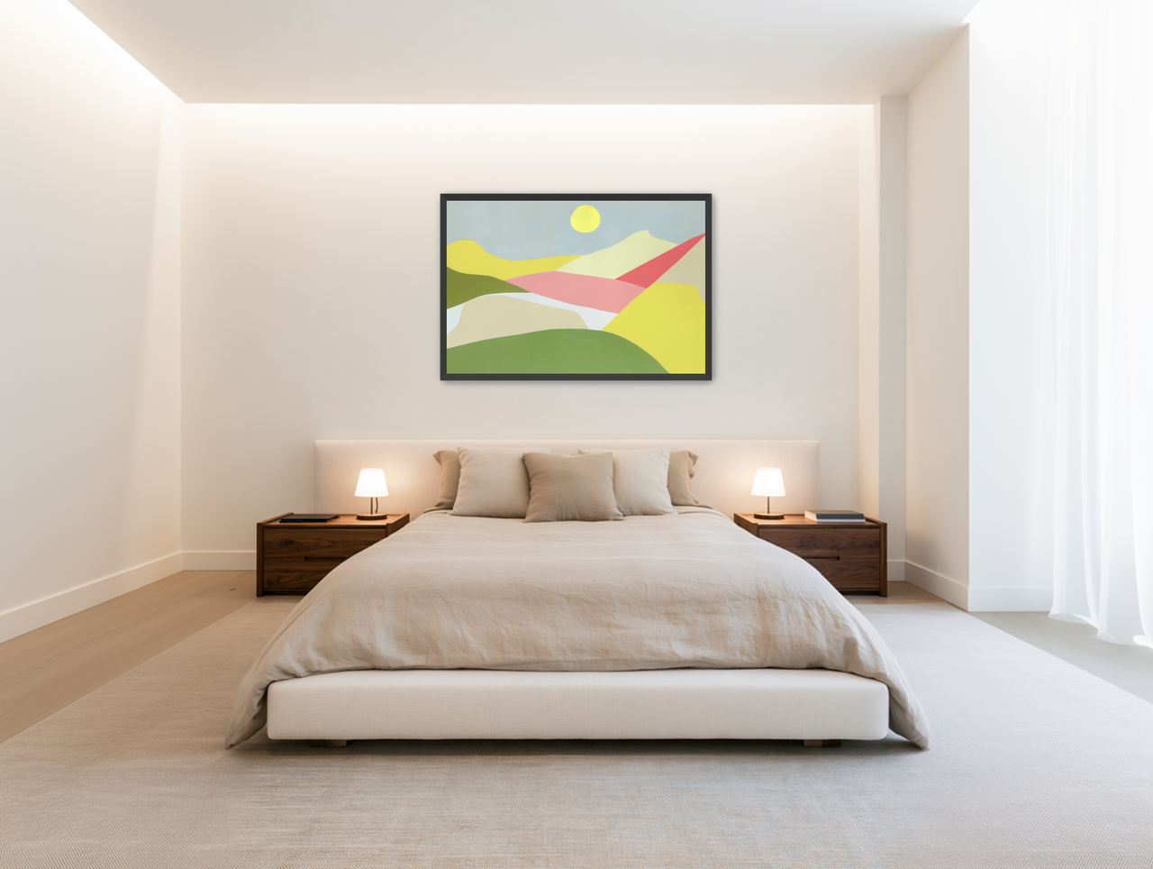 Yellow sun over red fields room view