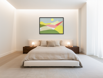 Yellow sun over red fields room view