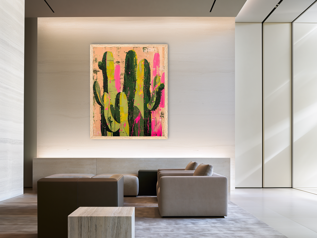 Cacti among pink splatters room view