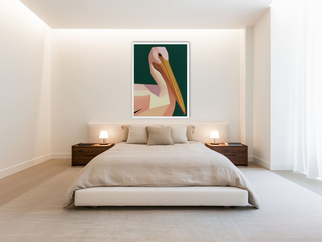 A pelican within green silence room view