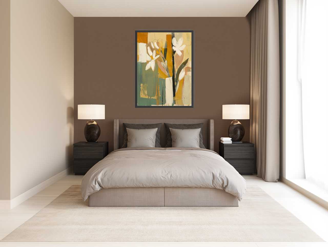 White flowers in ochre blocks room view