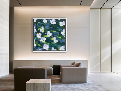 White blossoms on dark water room view
