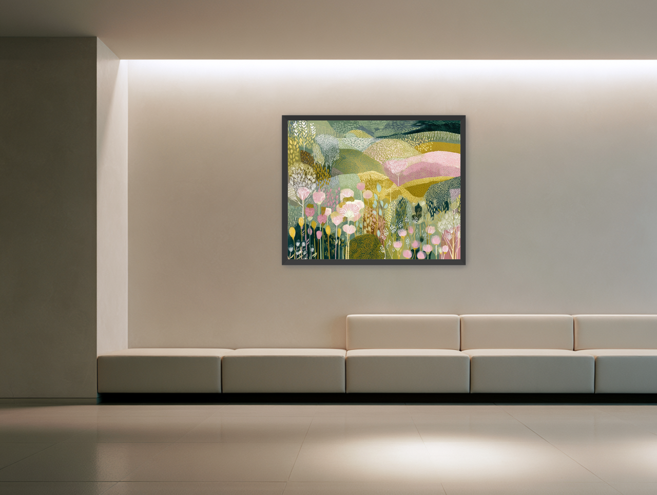 Patterned hills in bloom room view