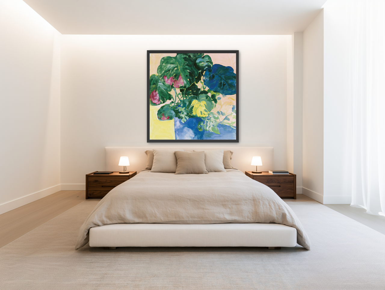 Flowers among broad leaves room view