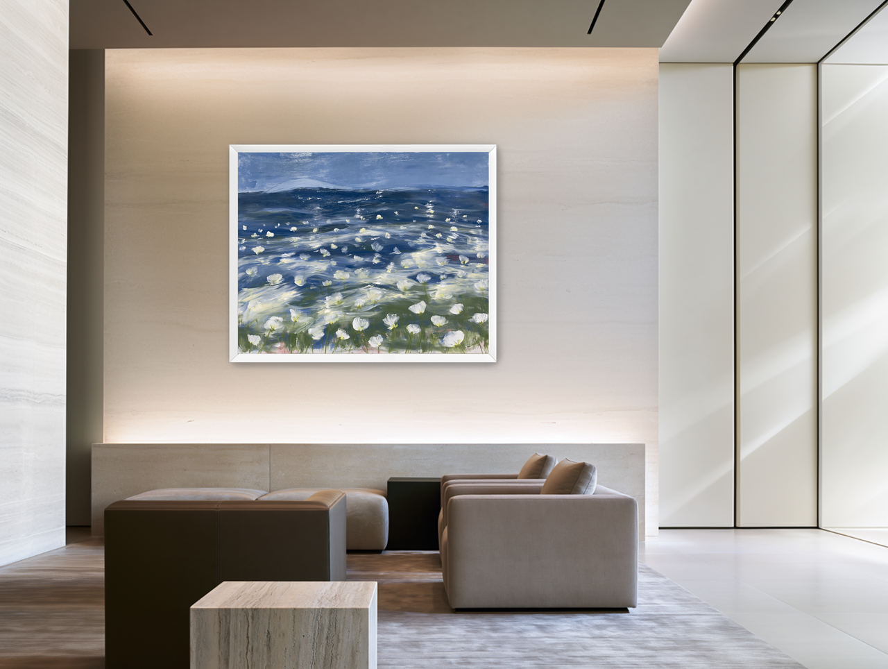 White flowers under blue sky room view