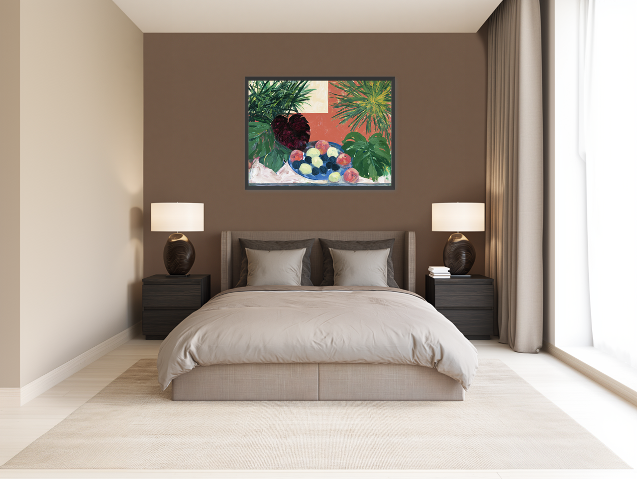 Coral wall behind green leaves room view