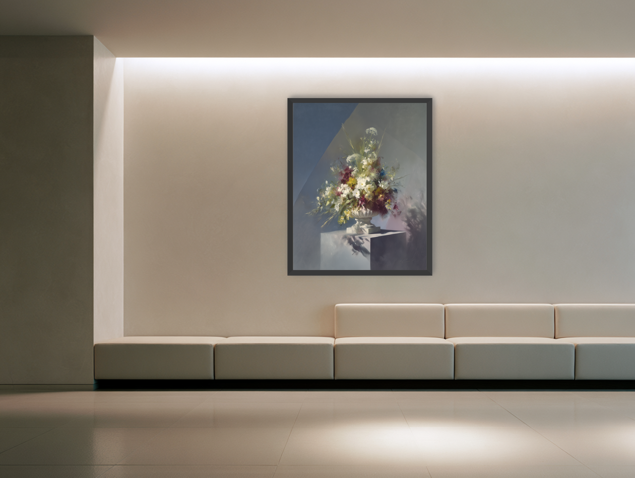 White urn within angled light room view