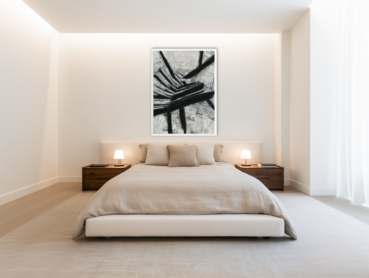Black cuts through white grain room view