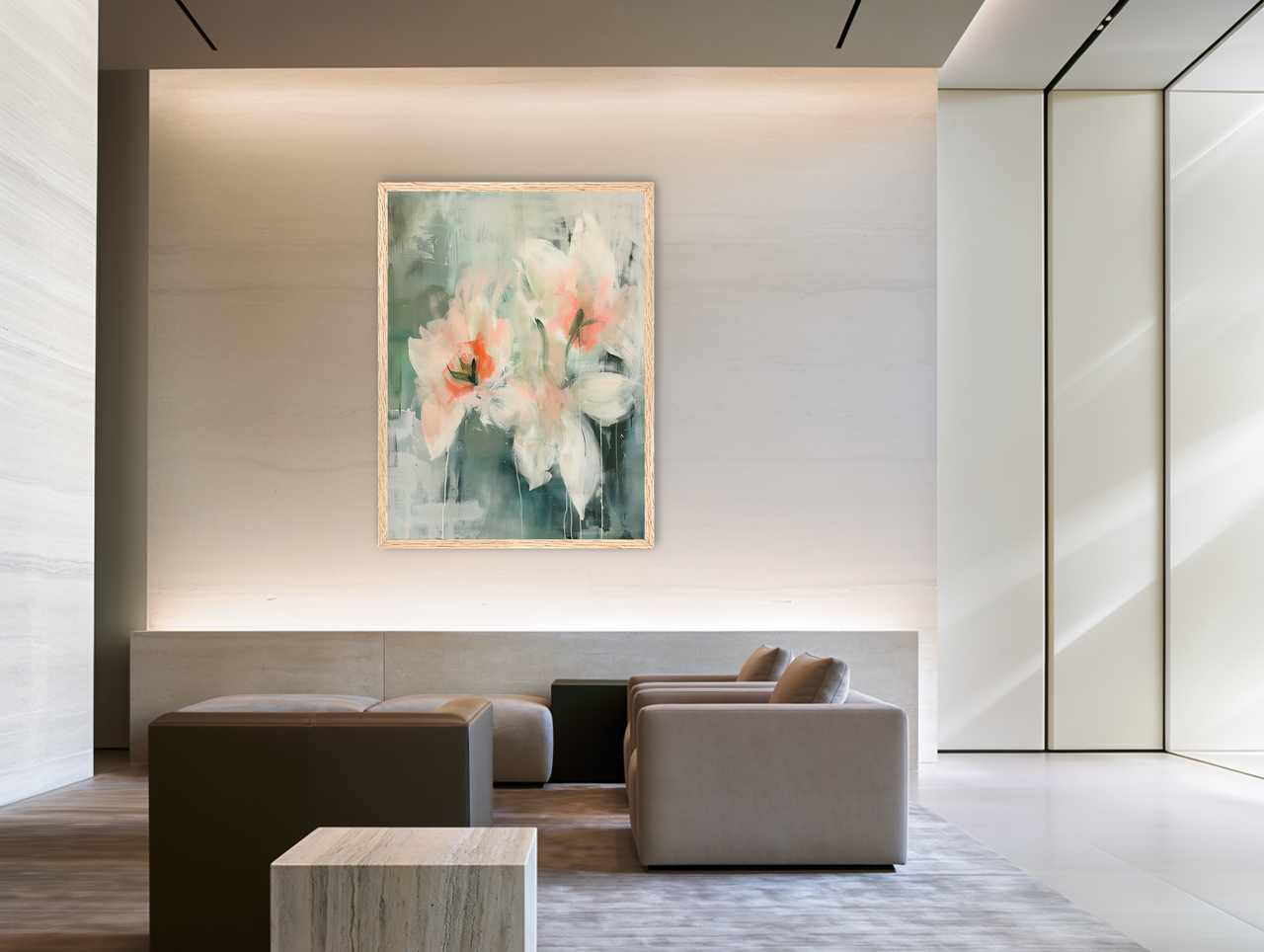 Pale blooms in quiet paint room view