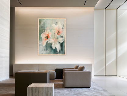 Pale blooms in quiet paint room view