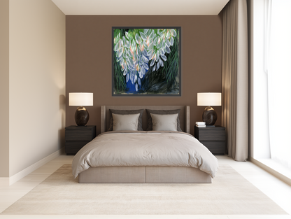 White petals over deep green room view