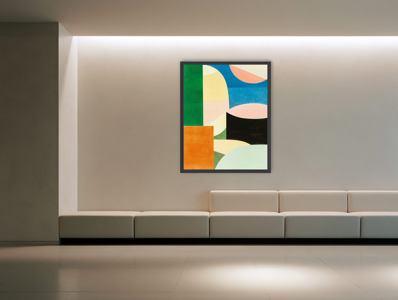A blue arc over black room view