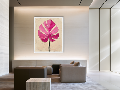 Pink leaf on plaster white room view