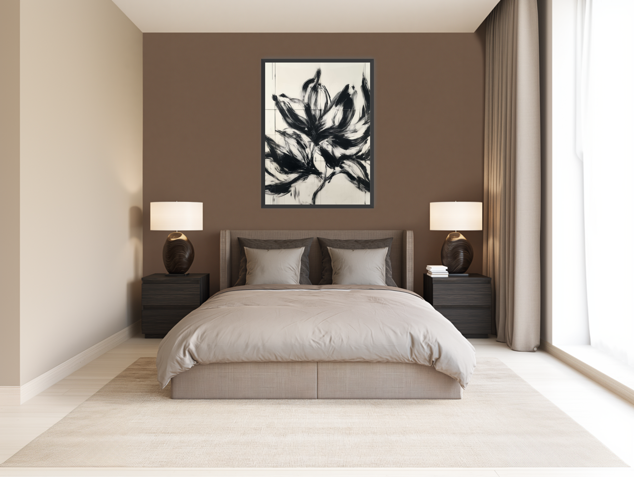 Black petals on pale grid room view