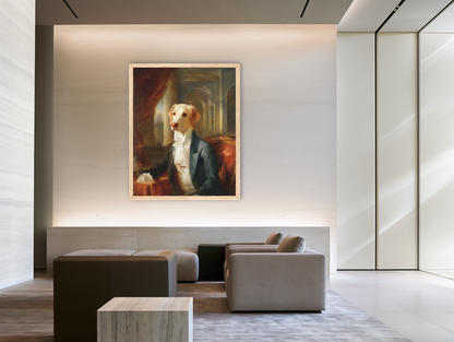 A dog in formal wear room view