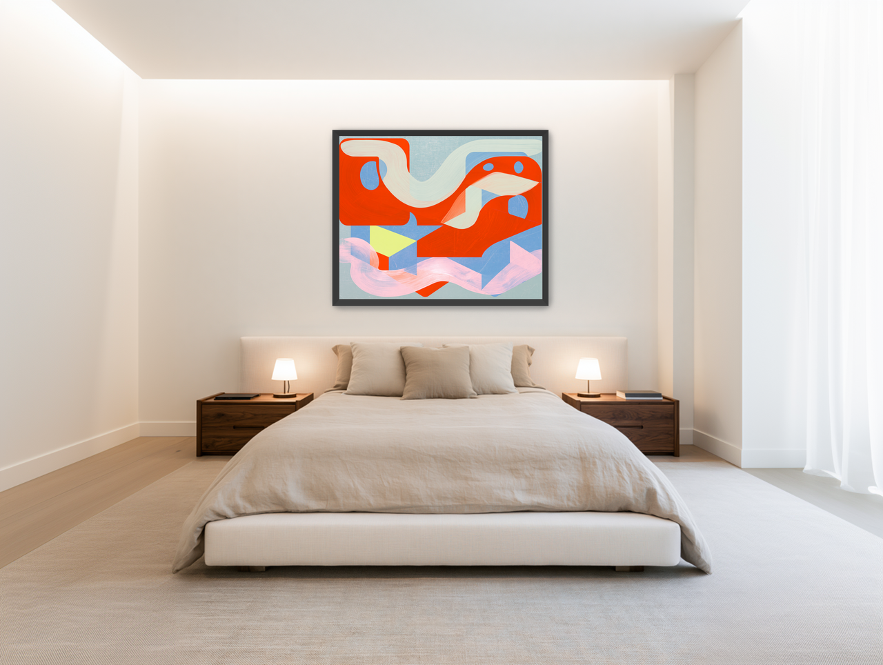 Pale sweep over red blocks room view